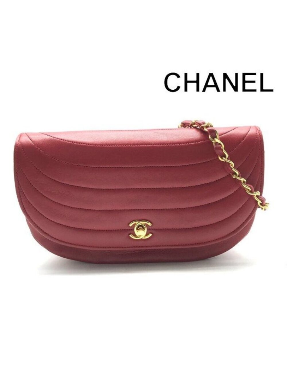 Chanel CC Logo Vintage Half Moon Chain Shoulder Bag Lambskin Leather Red